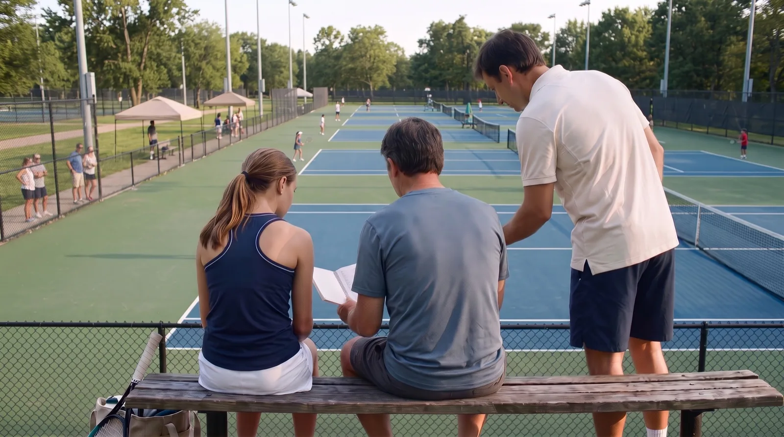 Illustrative scene of a parent, junior player and coach in tennis clothing reviewing a notebook on a bench at a junior tennis tournament, with active hard courts and spectators behind them