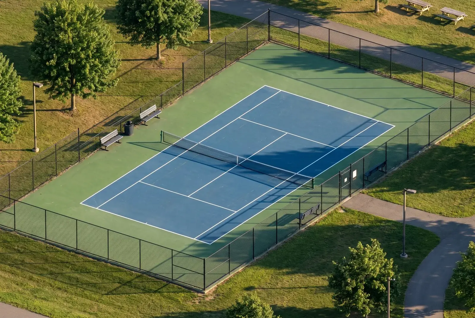 A blue-and-green public park tennis court viewed diagonally from above, with regulation line layout, chain-link fencing, benches, lawns, and walking paths