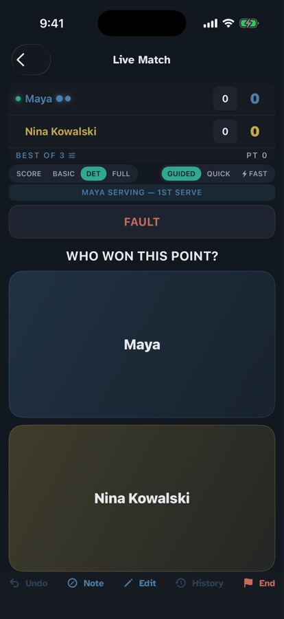 CourtSide live match charting: choose who won each point