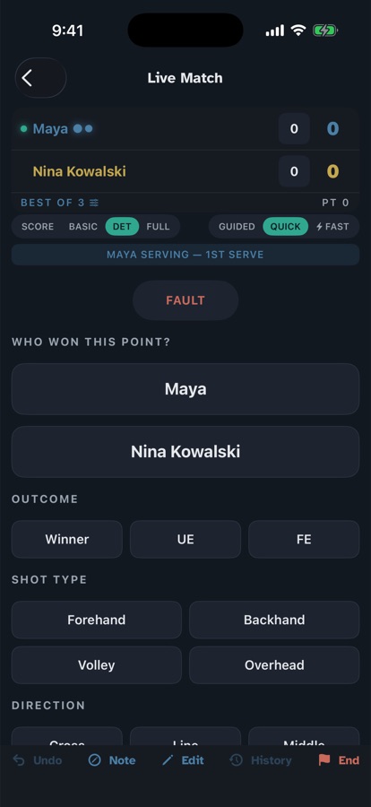 Real CourtSide Quick charting screen with illustrative players
